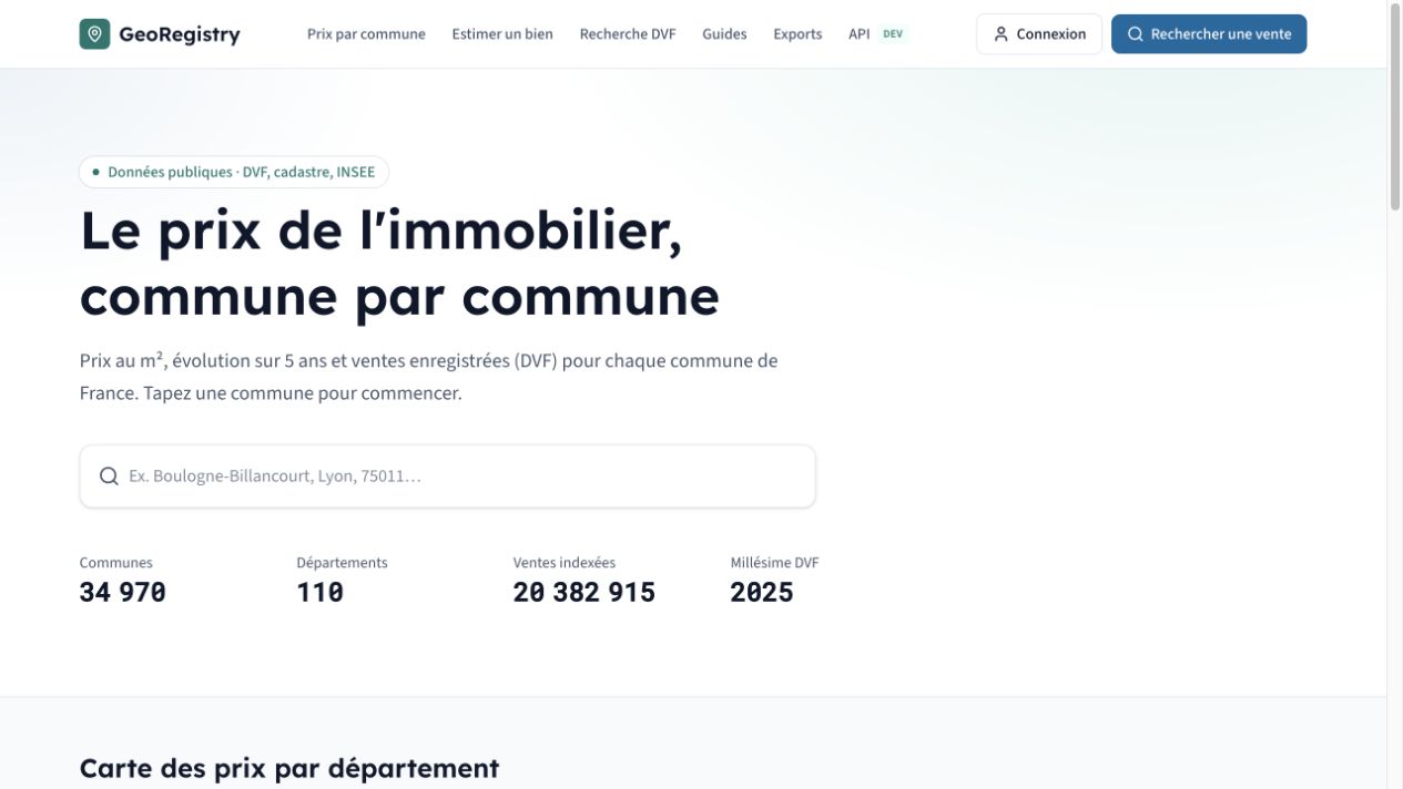 Page d’accueil de la plateforme immobilière GeoRegistry