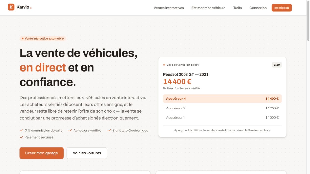 Page d’accueil de la plateforme automobile Karvio